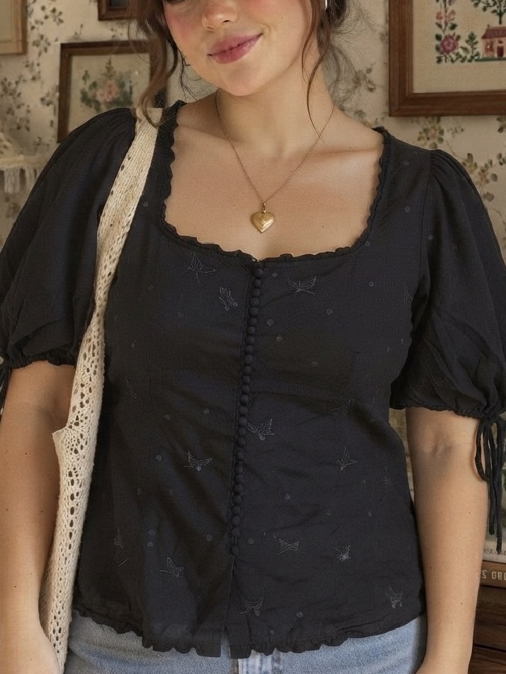 April Cornell Black Embroidered Butterfly Peasant Blouse Size Medium Cottagecore